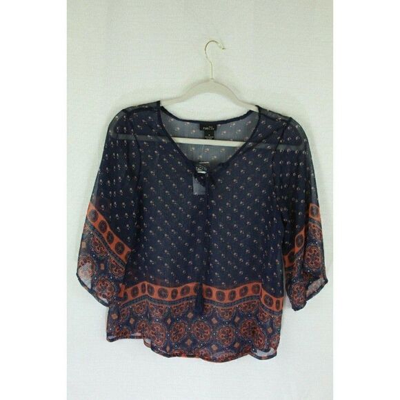 Rue 21 Blue Top Women's Size Medium Peasant Lace-Up Sheer Print Nwt - Picture 1 of 5